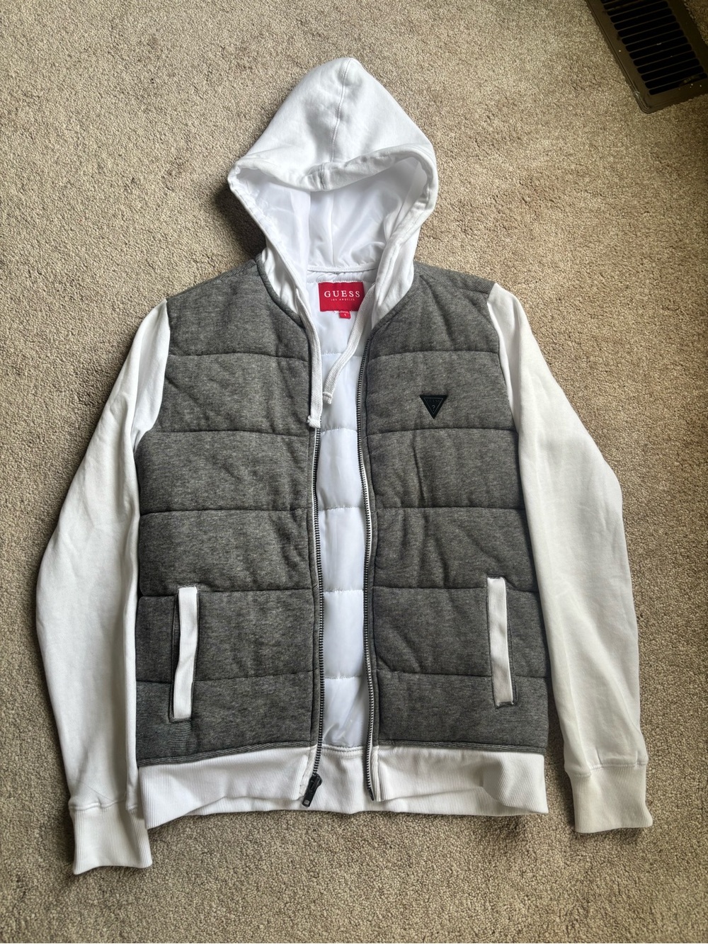 GUESS Men’s White & Grey Quilted Hooded Zip Jacket